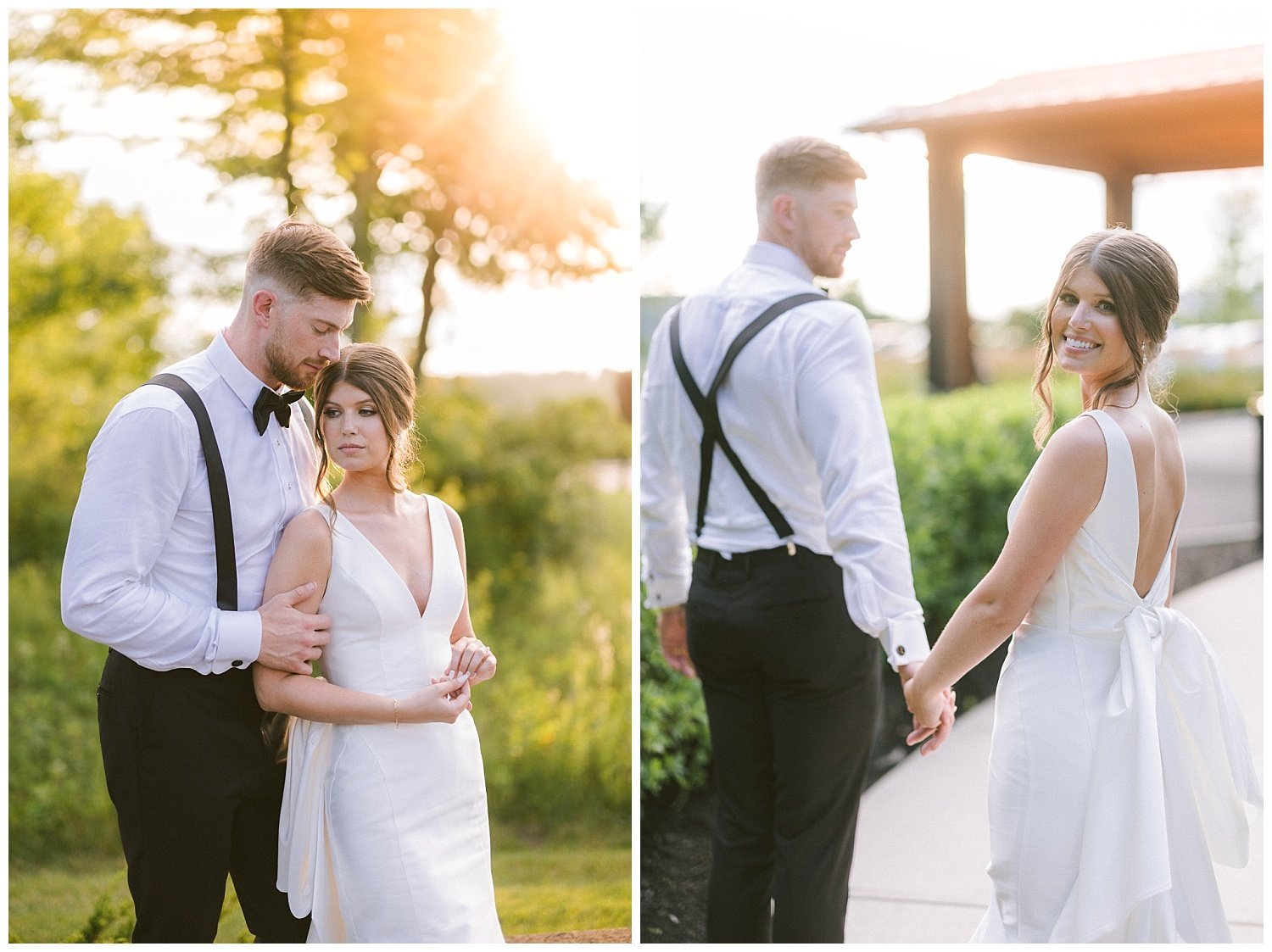 A wedding couple posing at sunset at the Estate wedding venue in New Albany. 