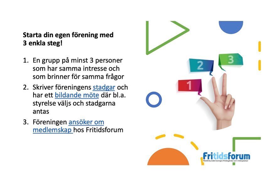 🔹Vill du starta en egen f&ouml;rening? 🔹
Fritidsforum h&aring;ller i en kurs i att starta f&ouml;rening och s&ouml;ka bidrag fr&aring;n Fritidsforum den 7 oktober kl. 12-16 i Stockholm. Kursen &auml;r f&ouml;r ungdomar 13-25 &aring;r samt ungdomsar