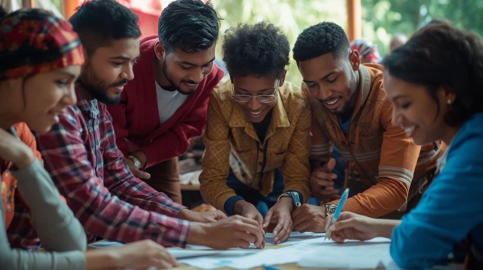 Diverse group collaborating around a table in a community setting, representing partnerships that enable organisations like imabi and imabi Community CIC to deliver safety, safeguarding and wellbeing support across local communities.