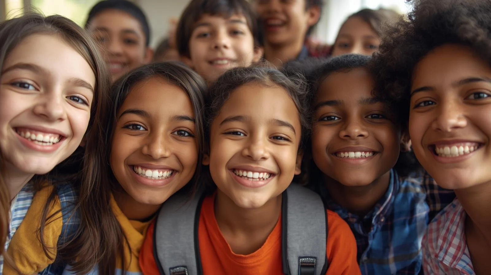 Group of smiling diverse school students standing together, representing young people who benefit from accessible safeguarding, wellbeing and support tools delivered through initiatives supported by imabi Community CIC.