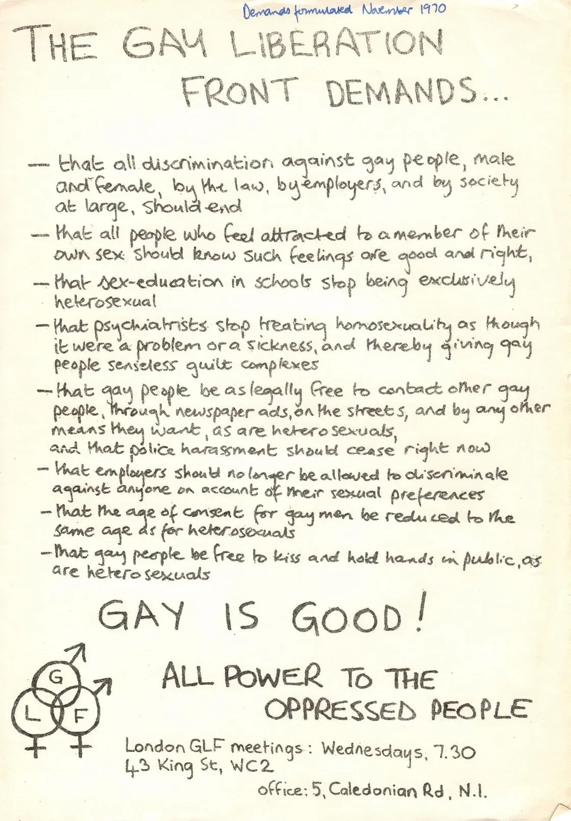 Historical Gay Liberation Front demands poster from 1970, calling for an end to discrimination against gay people and representing the roots of Pride, LGBTQ+ rights activism and the fight for equality in the UK.