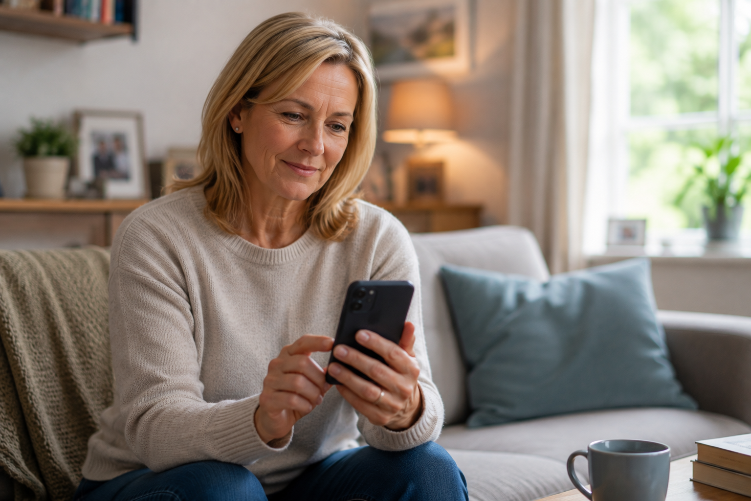 mother parent accessing Travel Guardian on the phone to see her student child is as a way of staying connected without constantly checking in
