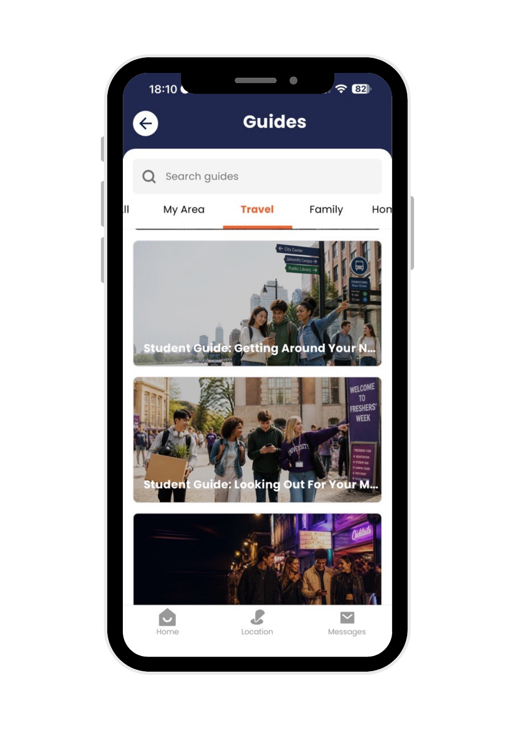 imabi Travel Guardian app - Guides section dashboard screenshot, showcasing student guides