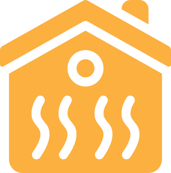 Icon of a heater with heat waves, in orange and black.
