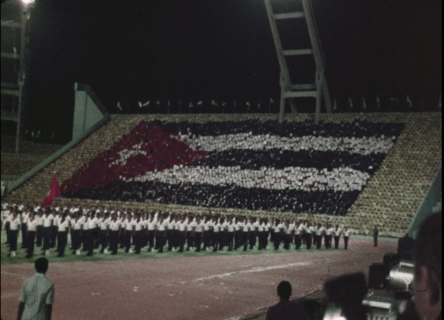 Nighttime event with a large display of flowers arranged to form the flag of Cuba, with rows of people standing in front of it and spectators watching, including a child in the foreground.