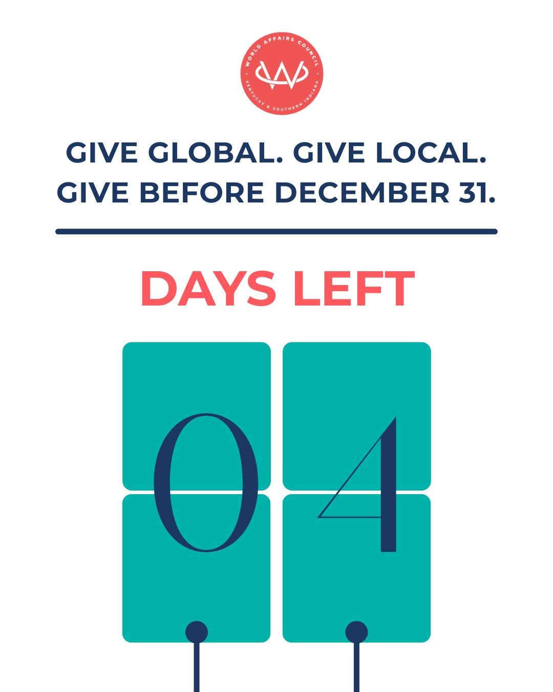 Just 4 days left to make your 2025 gift! Your support ensures students and community members continue engaging with global perspectives in 2026.

Give Global. Give Local. Give Before December 31.

🔗 Donate today: https://www.worldkentucky.org/ye-202