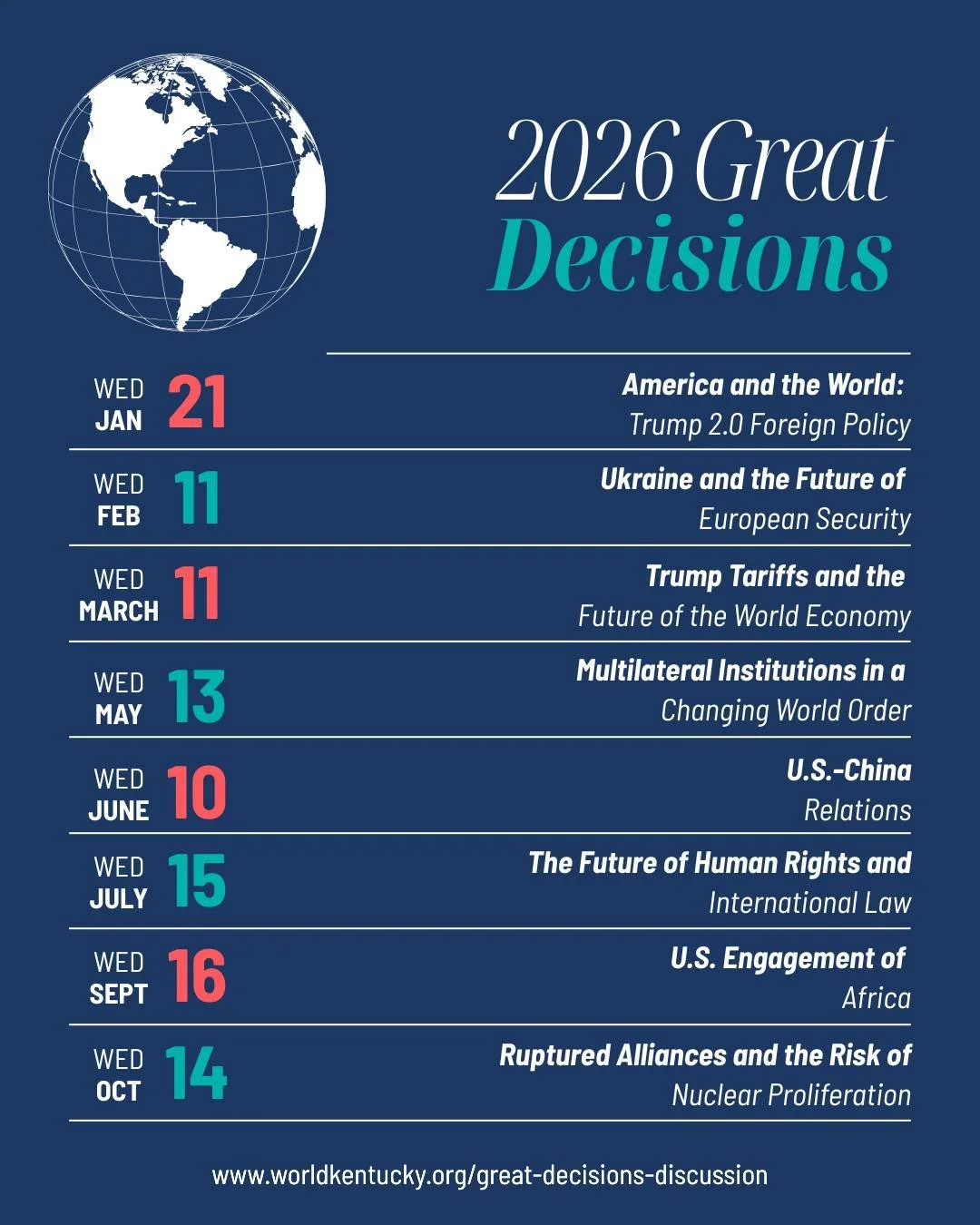 The 2026 Great Decisions series is here

Join us for monthly, participant-driven discussions on the global issues shaping our world &mdash; from U.S. foreign policy and global security to human rights and international law.

🔗 Learn more &amp; regis