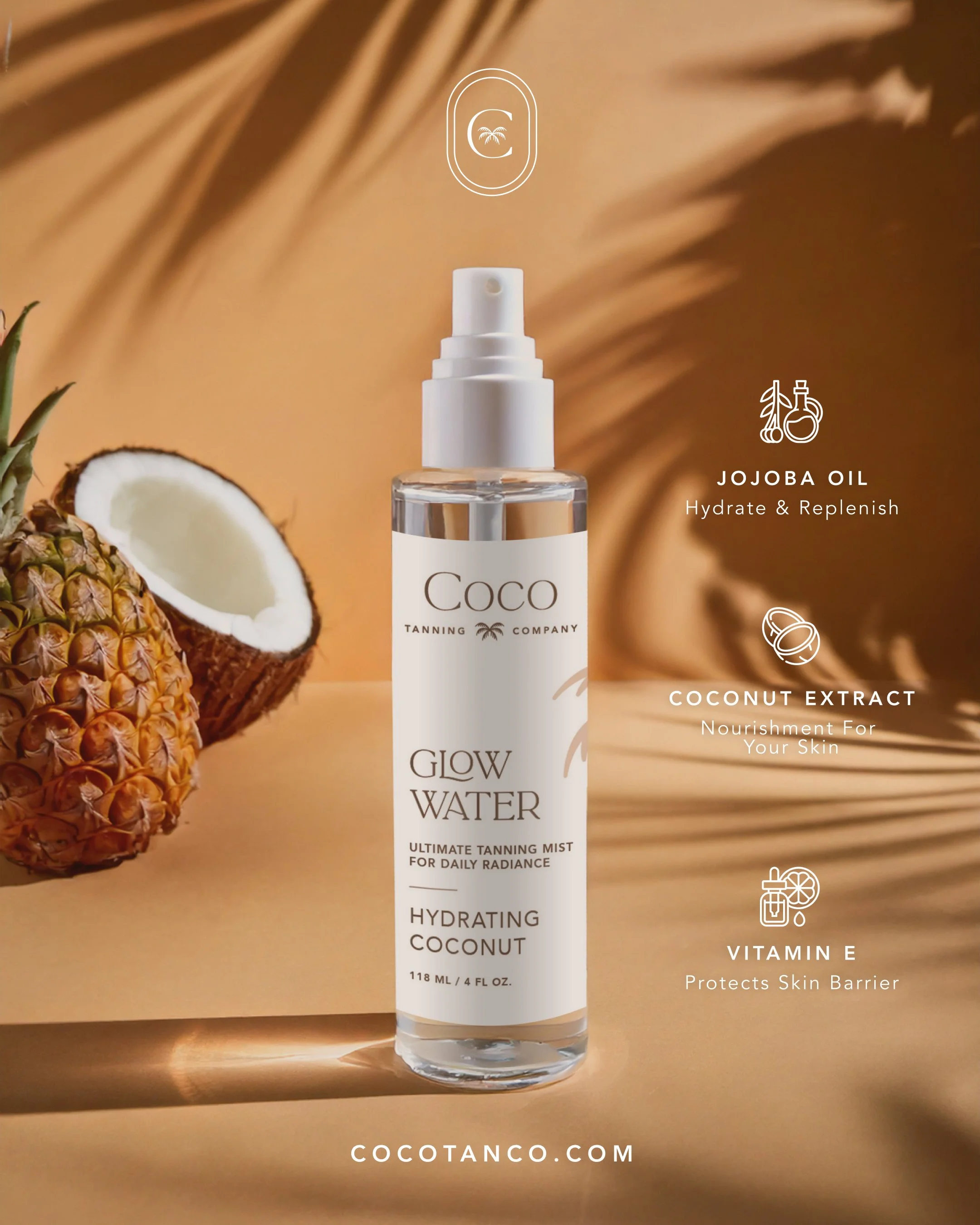 A bottle of Coco Glow Water hydrating coconut tanning mist with pineapple, coconut, and tropical leaf elements in the background, along with icons and text describing the product benefits such as jojoba oil, coconut extract, and Vitamin E.