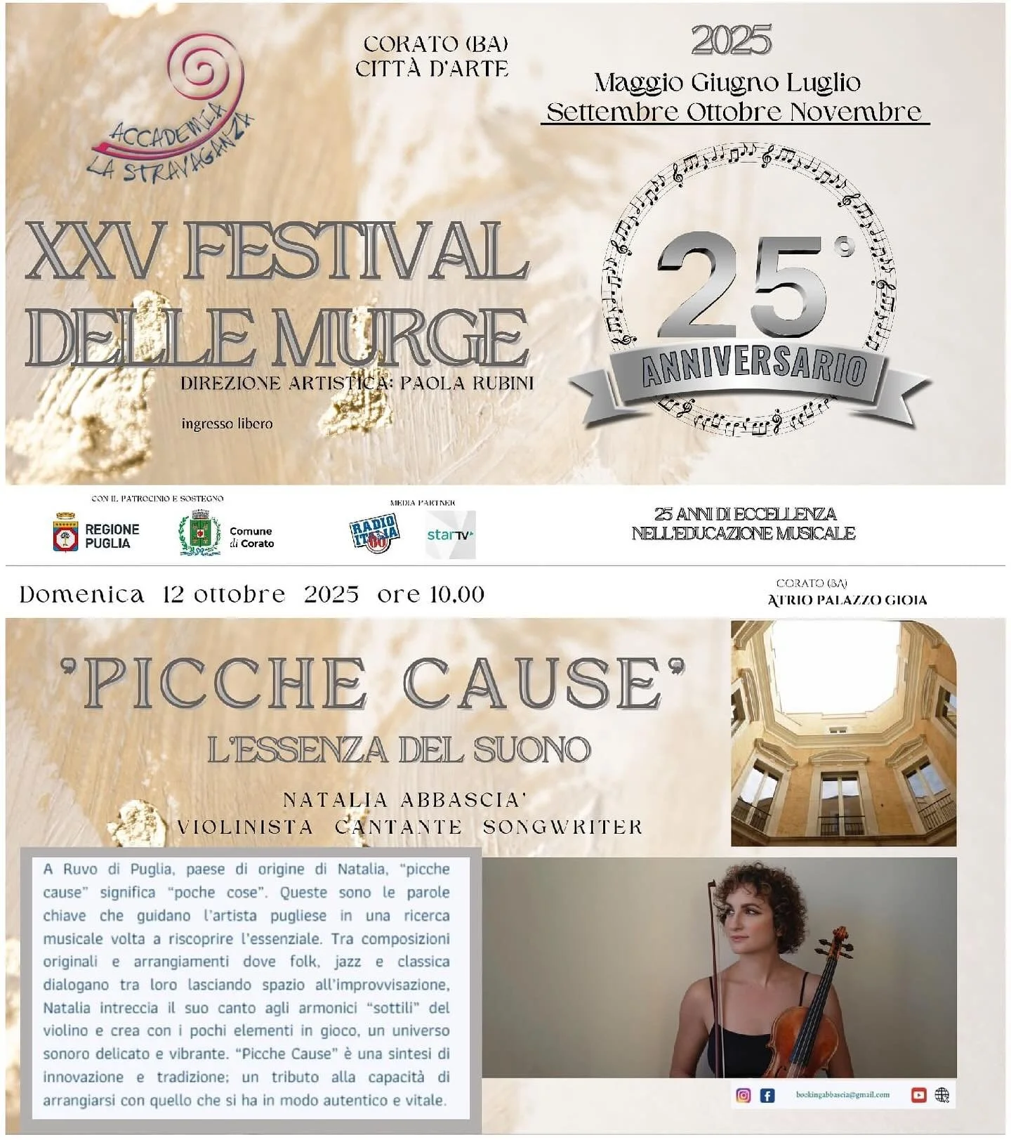 E dopo la bellissima esperienza @glocal_sound vi aspetto domani a Corato per il Festival delle Murge.
Ci vediamo alle ore 10:30 al Palazzo Gioia. Apertura porte ore 10:00.

@accademialastravaganza 

#puglia #picchecause #violinandvoice #corato #event