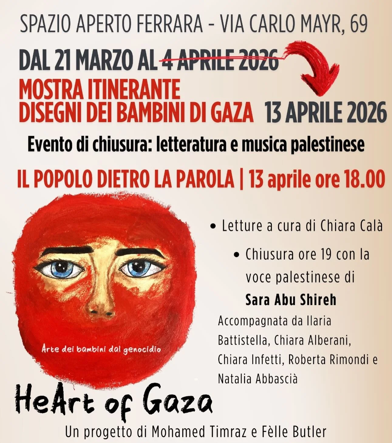 🙏 Luned&igrave; 13 Aprile un nuovo intervento partecipato.
&ldquo;HeArt of Gaza&rdquo; chiude con un concerto di @sara.abushaireh  @_inner_speaker_ @claudia.infetti @robbi.rimo e Chiara Alberani .

Vi aspettiamo! 

@spazioaperto_ferrara