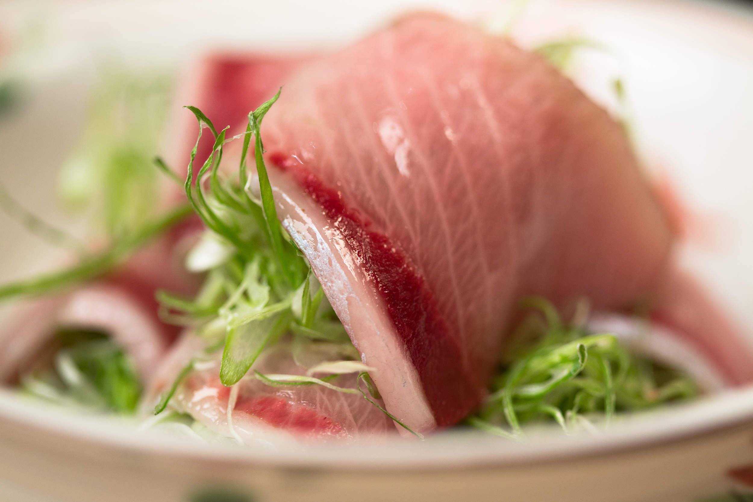  A closeup of tuna on a bed of green vegetables, presented on a small white plate. 