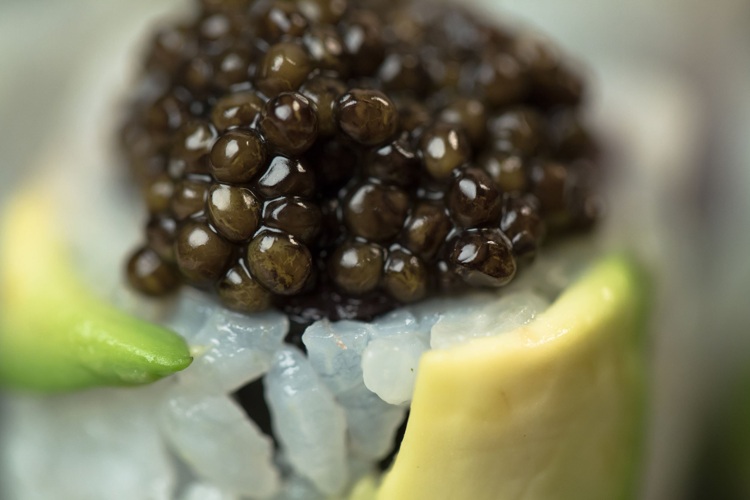  A closeup of caviar on top of sushi with white rice and avocado. 
