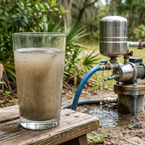 glass jar of cloudy sandy well water against a hand pump