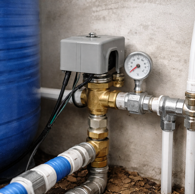 gray pressure switch box mounted on copper well pipe
