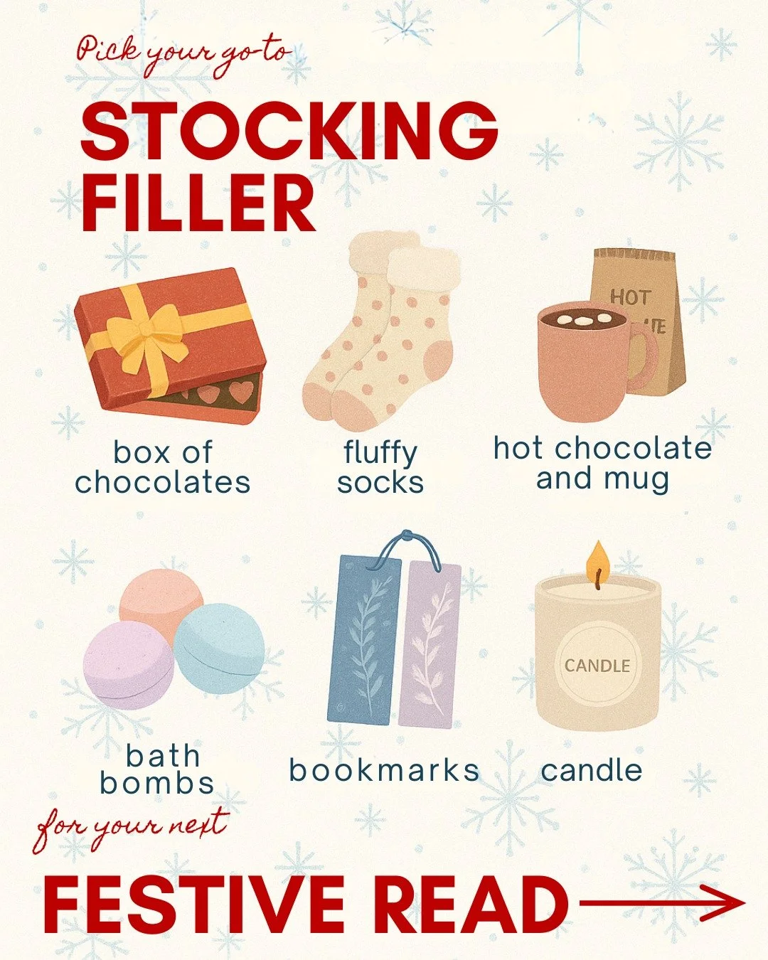 🎁 Pick your go-to stocking filler and get a Christmas book rec! 
Sweet treats, cosy socks, or festive sparkle &mdash; which are you? 

All of these books are on Kindle Unlimited or 0.99. Find them in our Santa&rsquo;s Grotto storefront. Link in bio 