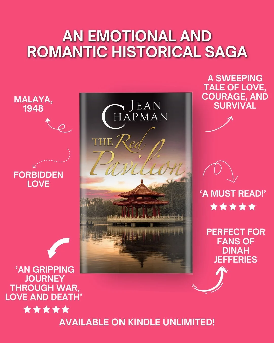 Love, danger, and forbidden romance in postwar Malaya.
📖 THE RED PAVILION by Jean Chapman
✨ OUT NOW for only 0.99 and also available on Kindle Unlimited
👉 https://geni.us/the-red-pavilion-fb

#historicalsaga #jeanchapman #romancebooks #wartimesaga 