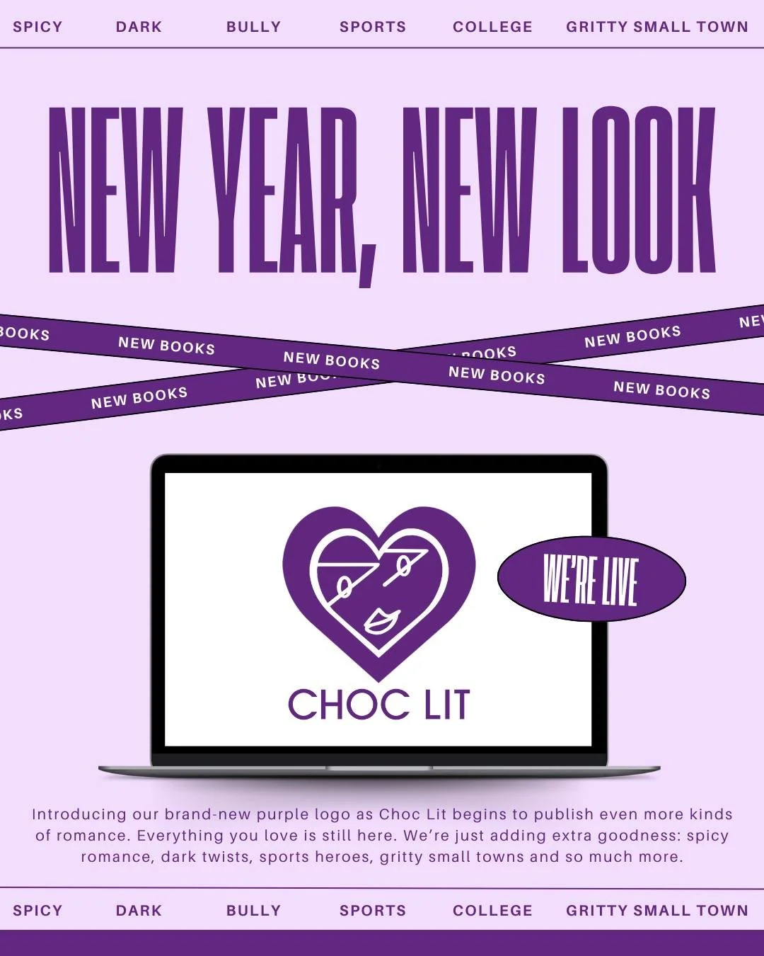 Happy New Year! 🎉
New year. New look. New books 💜
Choc Lit is expanding with spicy, dark, sporty and gritty small town romances.
Everything you love is still here 📚

#choclit #romancebooks #bookcommunity #romancelovers #bookish #darkromance #spicy