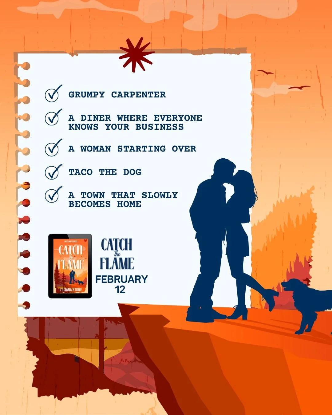Small-Town Romance Checklist ✅
Fire Lake has everything you need 👀

📖 CATCH THE FLAME by Juliana Stone
✨ PRE-ORDER NOW FOR ONLY 0.99! 
👉 Link in bio

🧡  Takes care of her
🔥 Small-town romance
🧡 Brooding Ex-Navy Seal
🔥 Grumpy x Sunshine
🧡  Siz