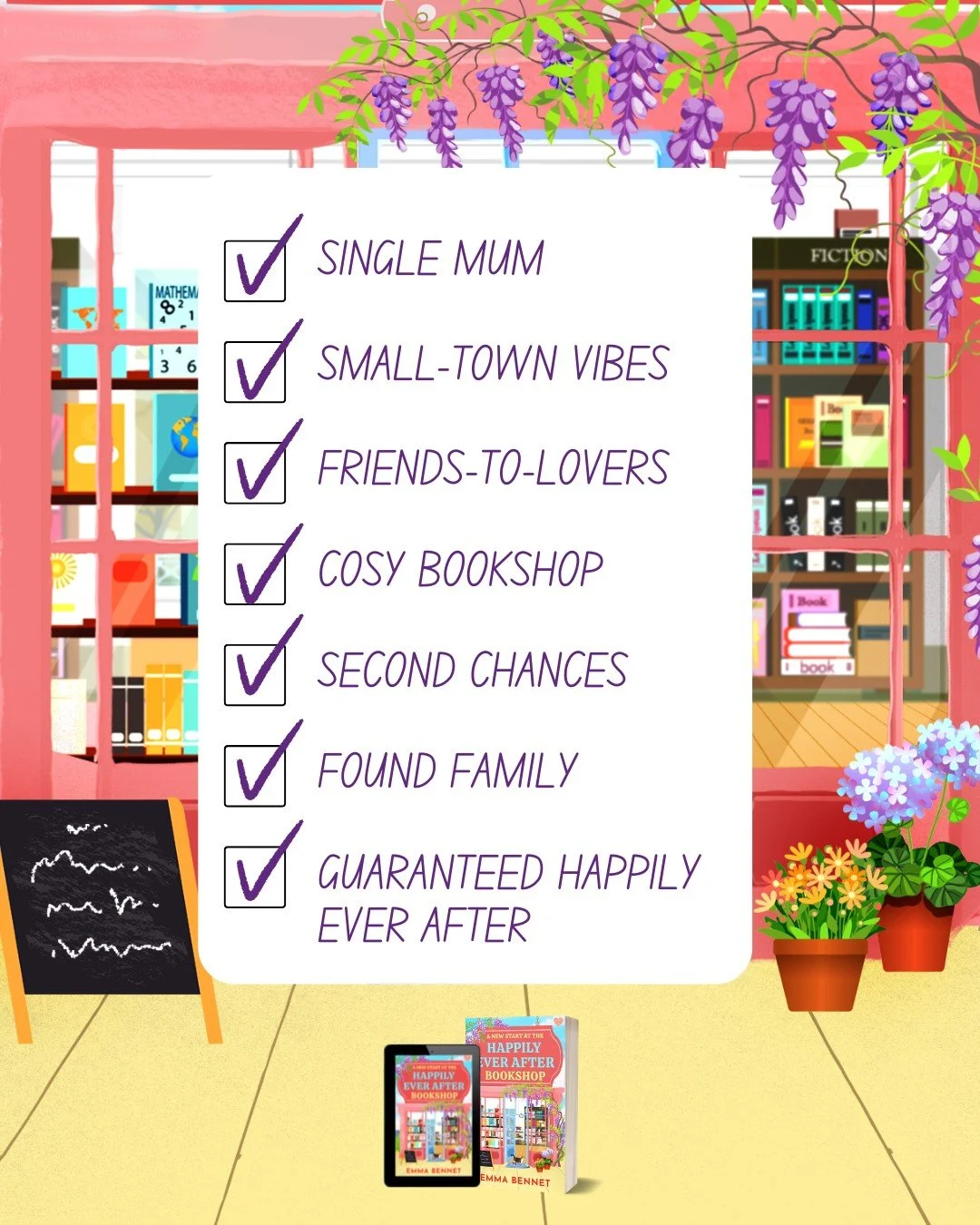 This cosy romance checks ALL the boxes ✅

📖 A NEW START AT THE HAPPILY EVER AFTER BOOKSHOP by Emma Bennet
👉 Available for pre-order now! 

❤️ Small-town romance
❤️ Single mum / Single dad
❤️ Friends to lovers
❤️ Slow burn
❤️ Cosy bookshop vibes
❤️ 