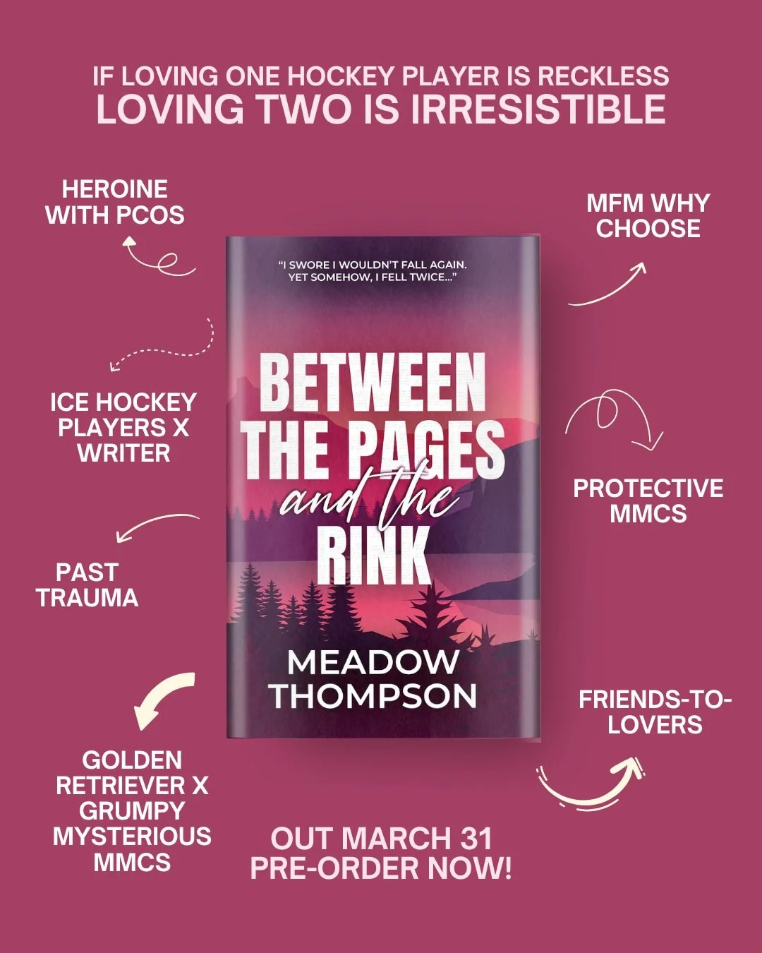 The Ivywood Wolves are ready to claim their girl&hellip; and now you can secure your copy.
Pre-order is live now 🖤

📖 BETWEEN THE PAGES AND THE RINK by Meadow Thompson
👉 Available for pre-order now! (link in bio)

🩷 MFM Why Choose
🏒 Ice Hockey P
