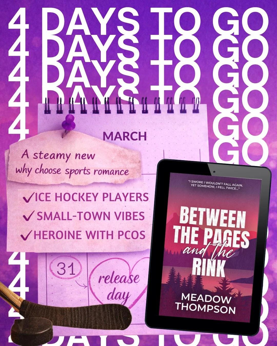 4 DAYS TO GO ⏳
Hockey. Tension. And two men who don&rsquo;t know how to stay away from her&hellip; 👀🏒

📖 BETWEEN THE PAGES AND THE RINK by Meadow Thompson
👉 Available for pre-order now! (link in bio)

🩷 MFM Why Choose
🏒 Ice Hockey Players x Wri
