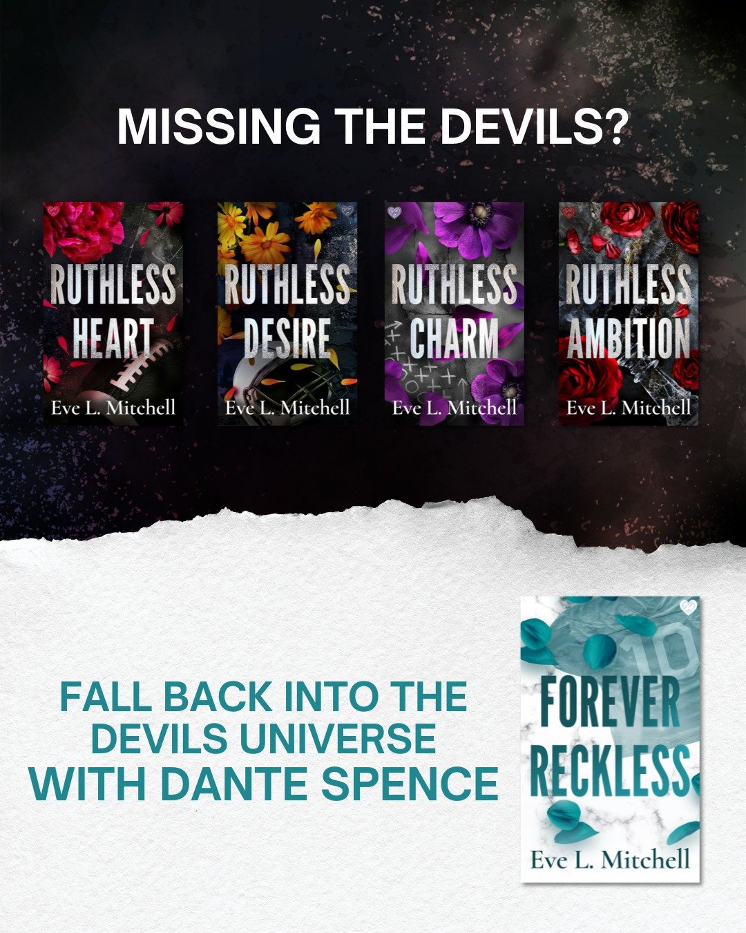 Need a fix after reading the Devils? We&rsquo;ve got you covered . . . 🔥

📖 FOREVER RECKLESS by Eve L. Mitchell
🔗 PRE-ORDER NOW! (link in bio)
📚 Available on Kindle Unlimited

🖤 Morally grey MMC
🏈 Sports romance
🖤 Enemies-to-lovers
🏈 Opposite