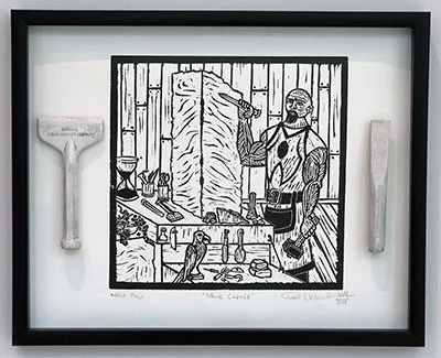 Stone Carver, AP 1/1, linocut relief print, slip cast ceramic chisels, 2019