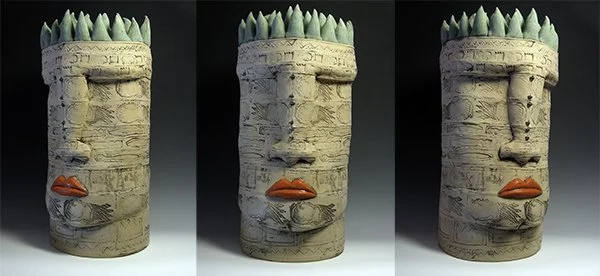 Prize Fighter, 26" x 12" x 12"
low fire clay, cylinder seal & linocut embossed, glaze, underglaze, 2007