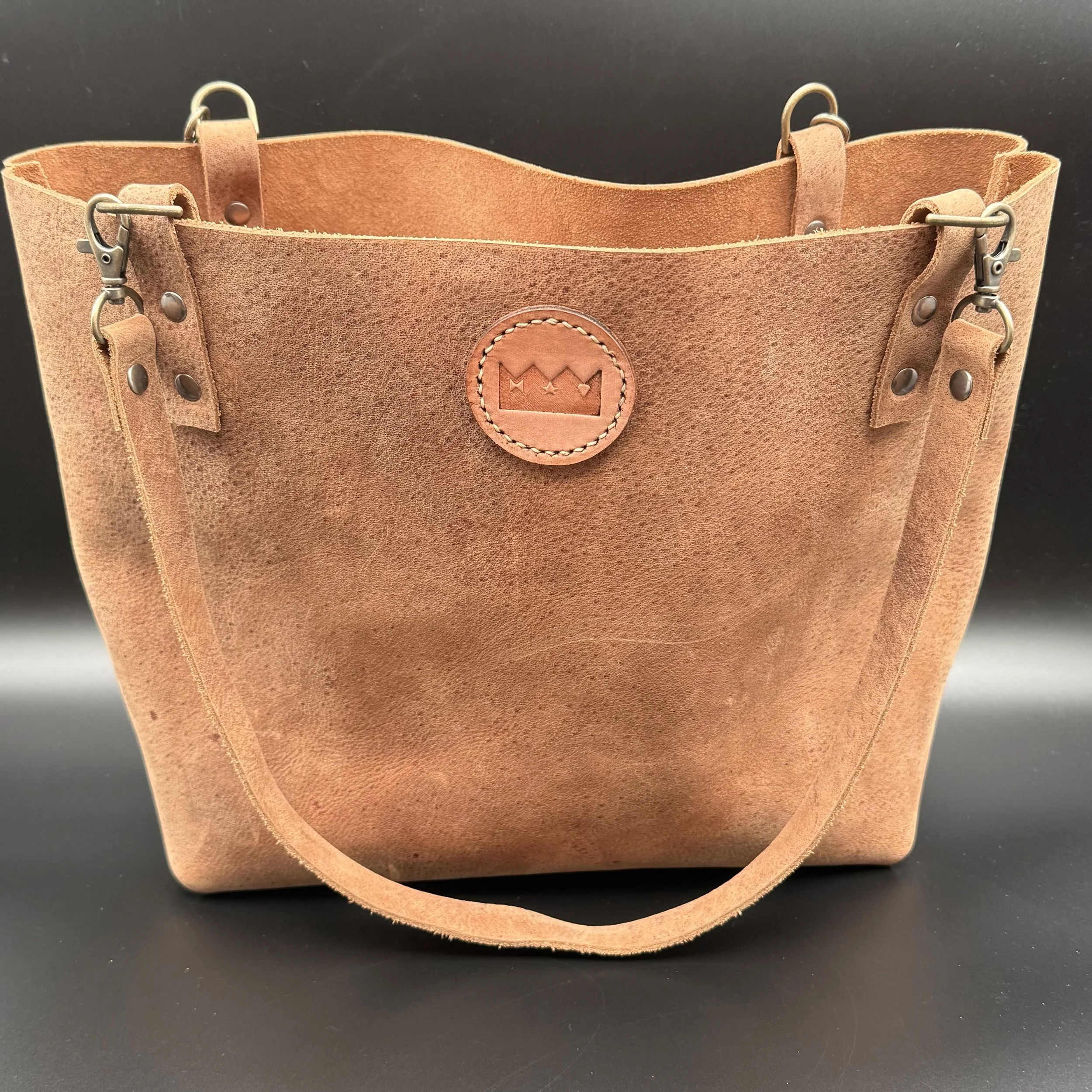 medium tote bag, water buffalo, 10"h x 10"w x 5"d, (no pockets), crown badge