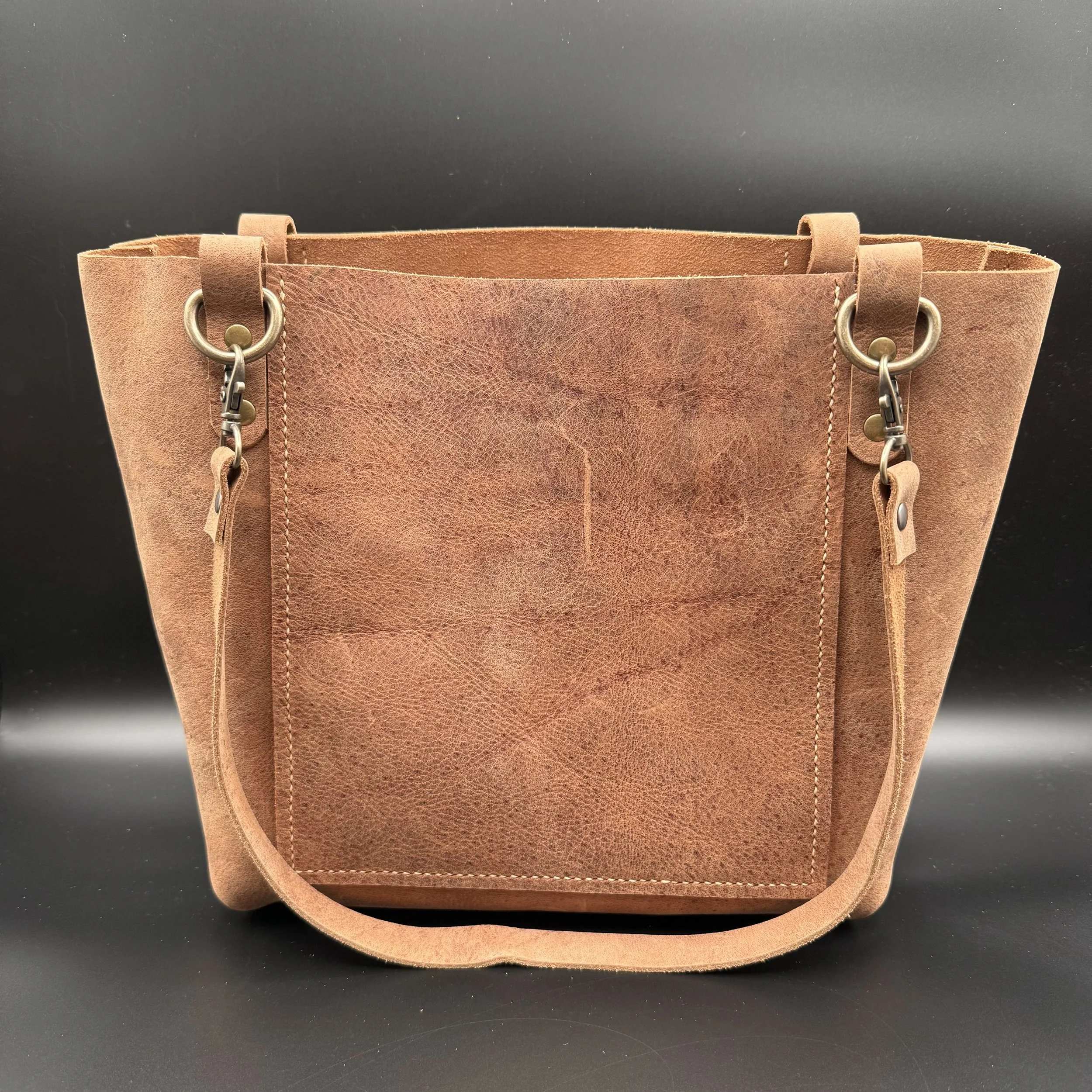 medium tote bag, water buffalo, 10"h x 10"w x 5"d, front and back pockets 8"h x 7"w