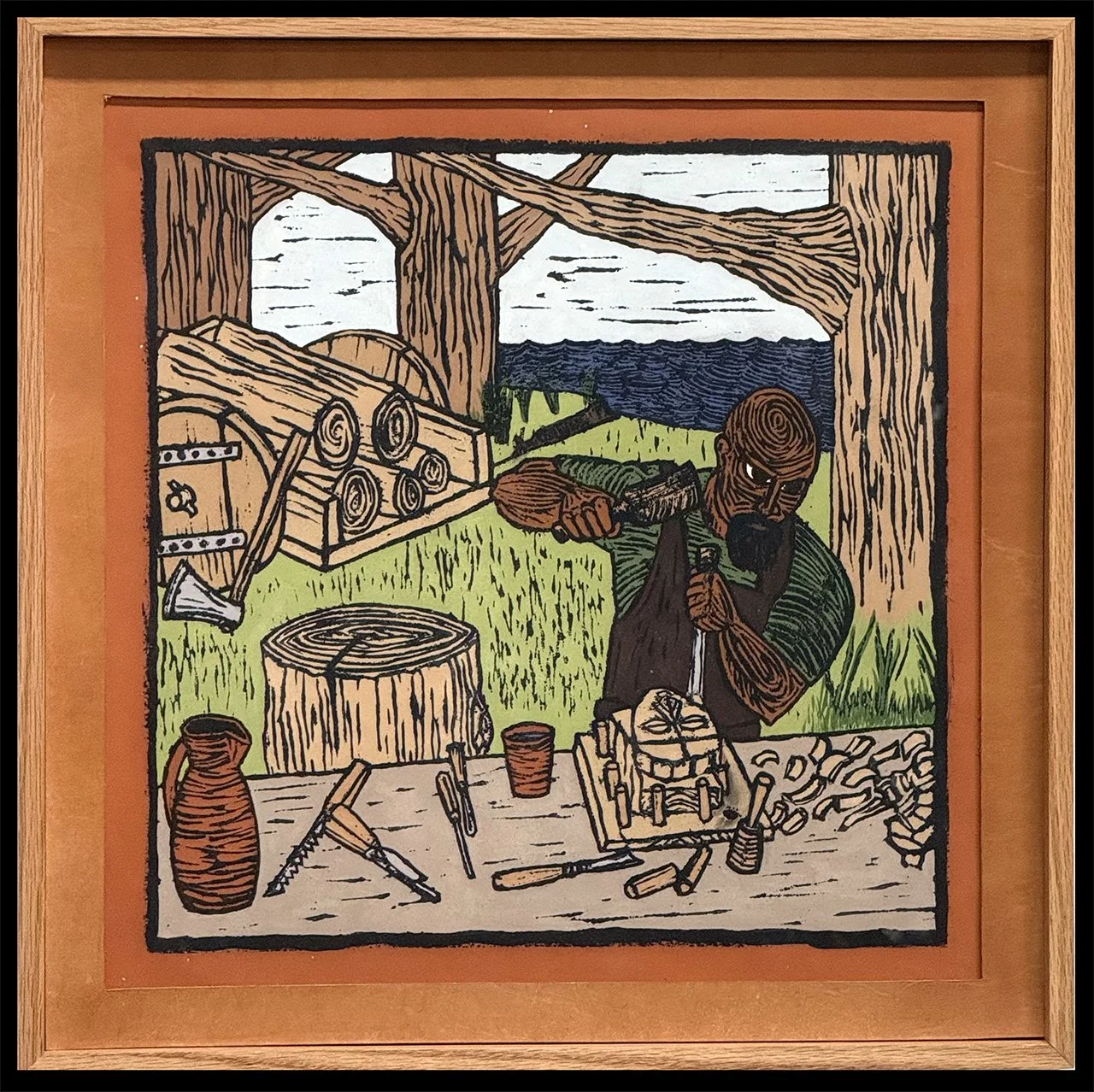 Wood Carver,
Clay Monoprint,
17.5"h x 17.5"w x 1.5"d,
cast earthenware, underglaze, underglaze, leather and wood frame,
2025
