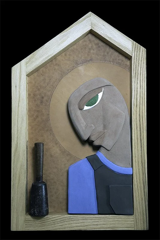 Balthir,  22" x 14" x 3.5", clay figure, multifired glaze and underglaze, wooden maller, tooled leather background, wooden niche.  2026