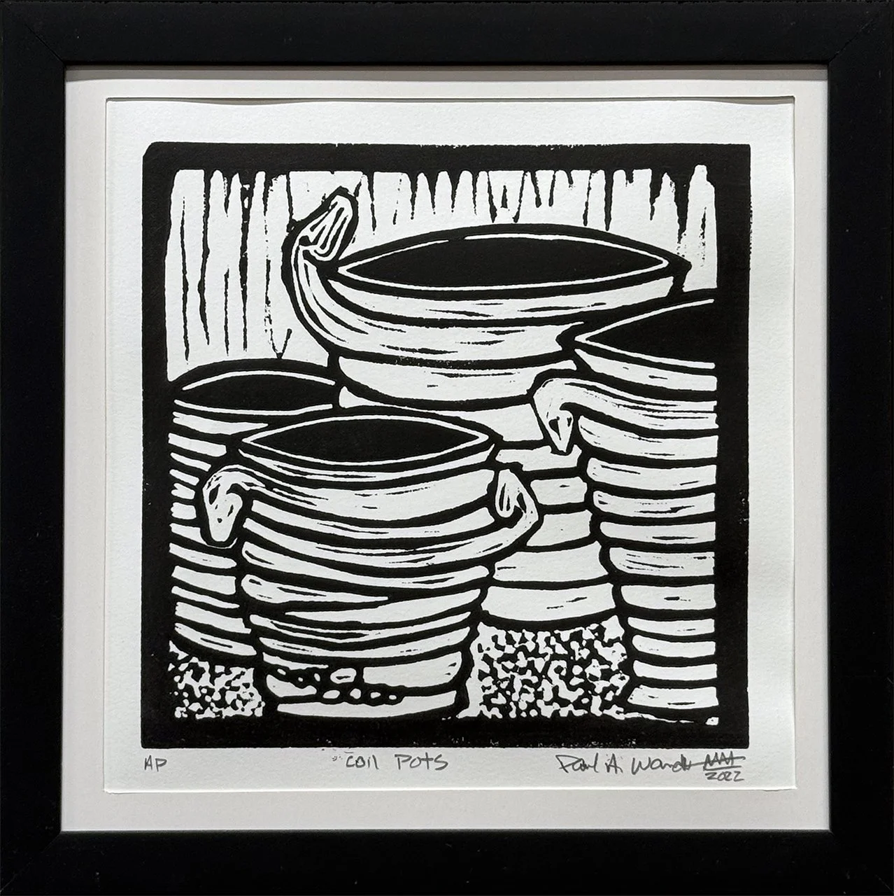 Coil Pots, AP, lino cut relief print, 2022