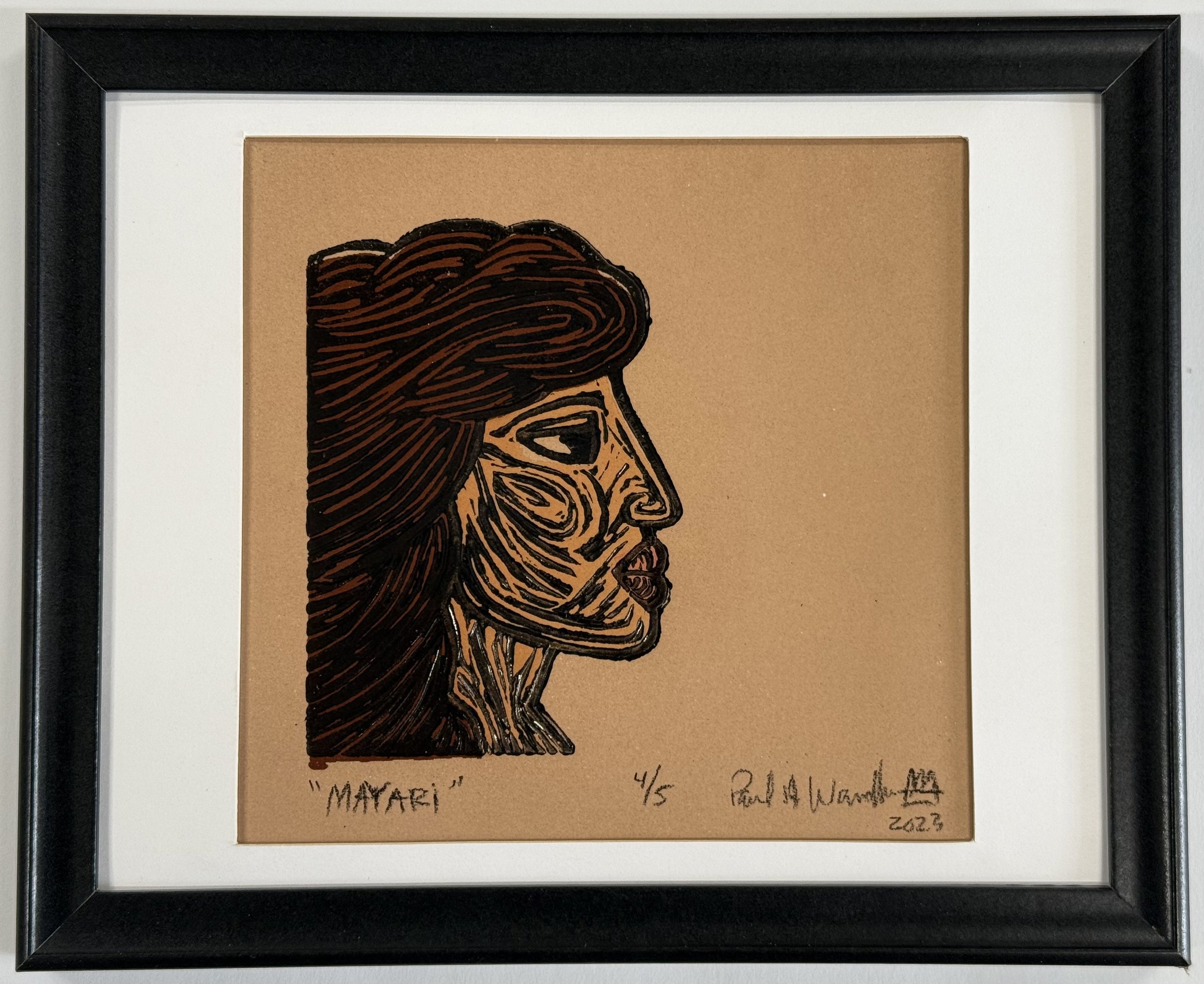 Mayari 4/5, 
Clay Print 4-color, linocut and screen printed
9h x 11"w x .75"d, 
cast earthenware, underglaze 
2023
