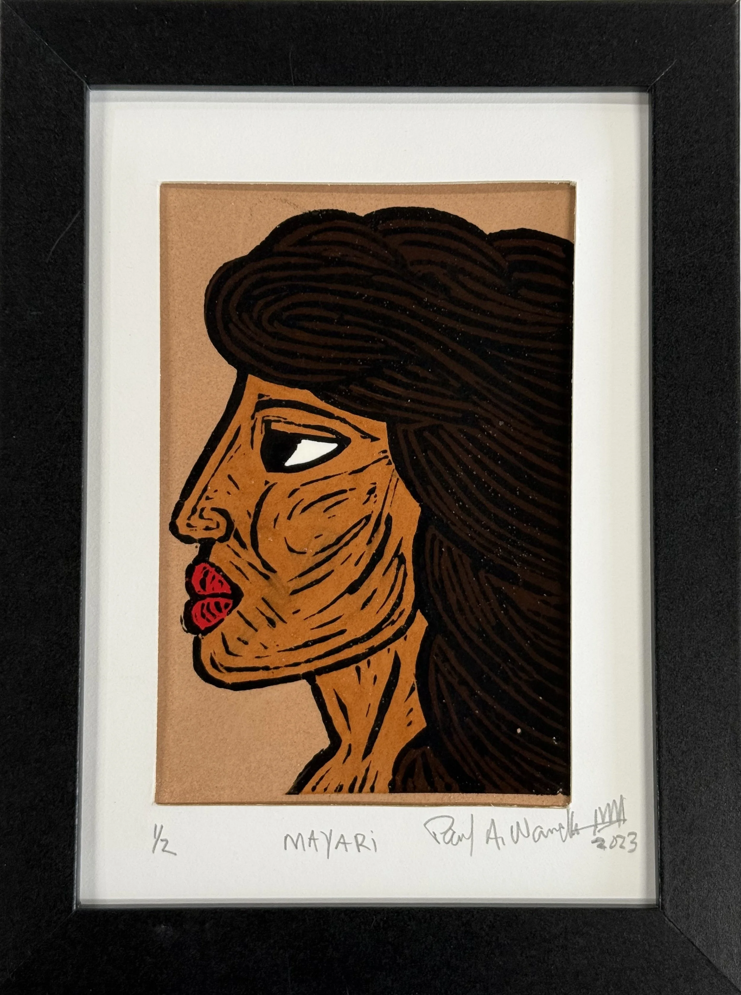 Mayari 1/2, 
Clay Monopriint, linocut image,
8h x 6"w x .75"d, 
cast earthenware, underglaze 
2023