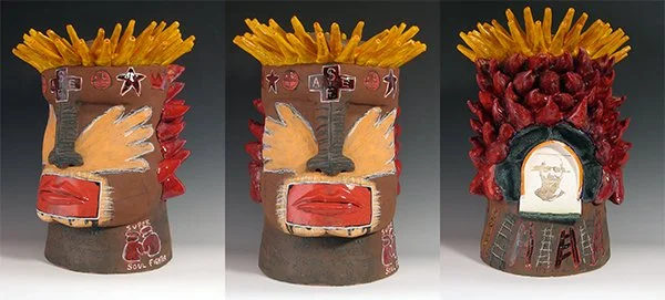 Prodigal King, 21" x 14" x 16"
low fire clay, with multi-fired underglaze, glaze, underglaze chalk, laser toner decal, 2006