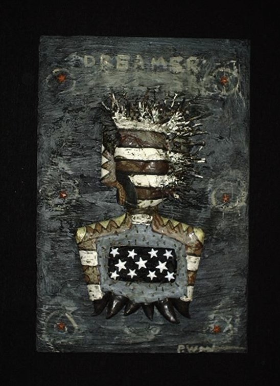 Dreamer,  30" x 20" x 7", clay figure, multifired glaze, nails and underglaze, wooden board with tar and oil bar.  2001