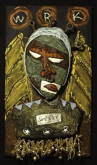 Weary,  28" x 25" x 8", clay figure, multifired glaze and underglaze, metal hardware with mixed media, wooden board with tar and oil bar.  2001