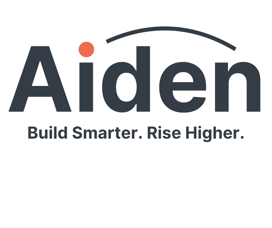 A logo with the word 'Aiden' in large, dark gray letters, an orange dot above the letter 'i', and a curved gray line above the text. Below, it reads 'Build Smarter. Rise Higher.' in smaller dark gray font.