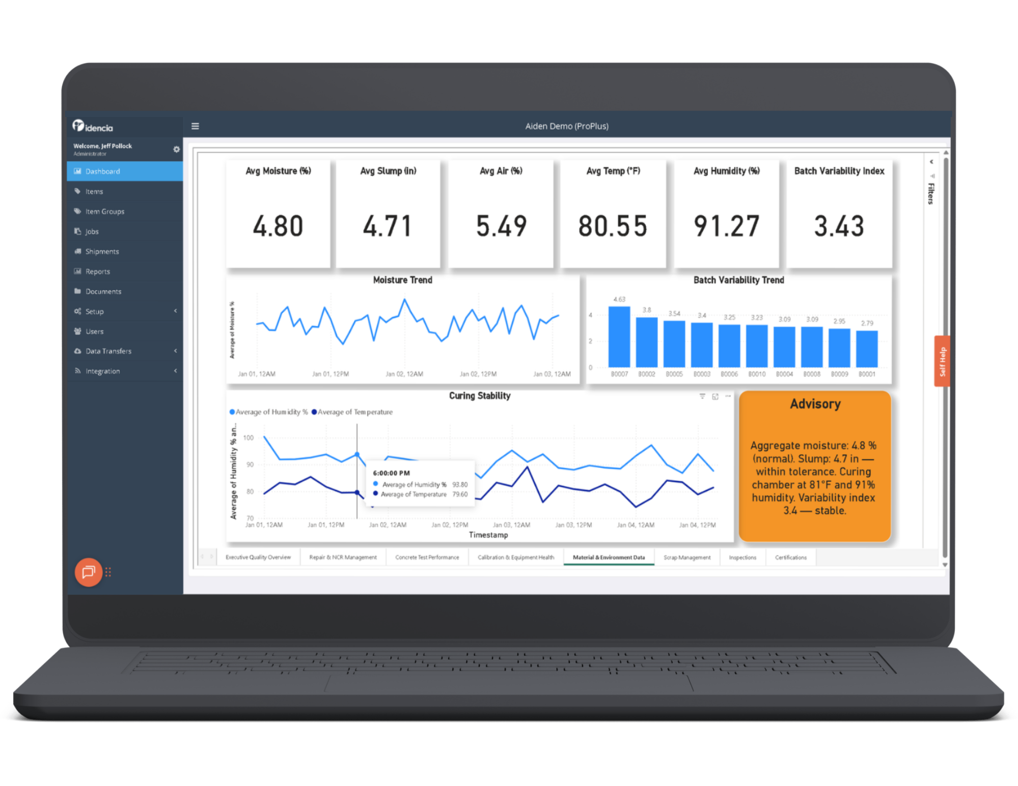 Computer screen displaying moisture, humidity, temperature, and air quality data charts, with an advisory box and a sidebar menu.