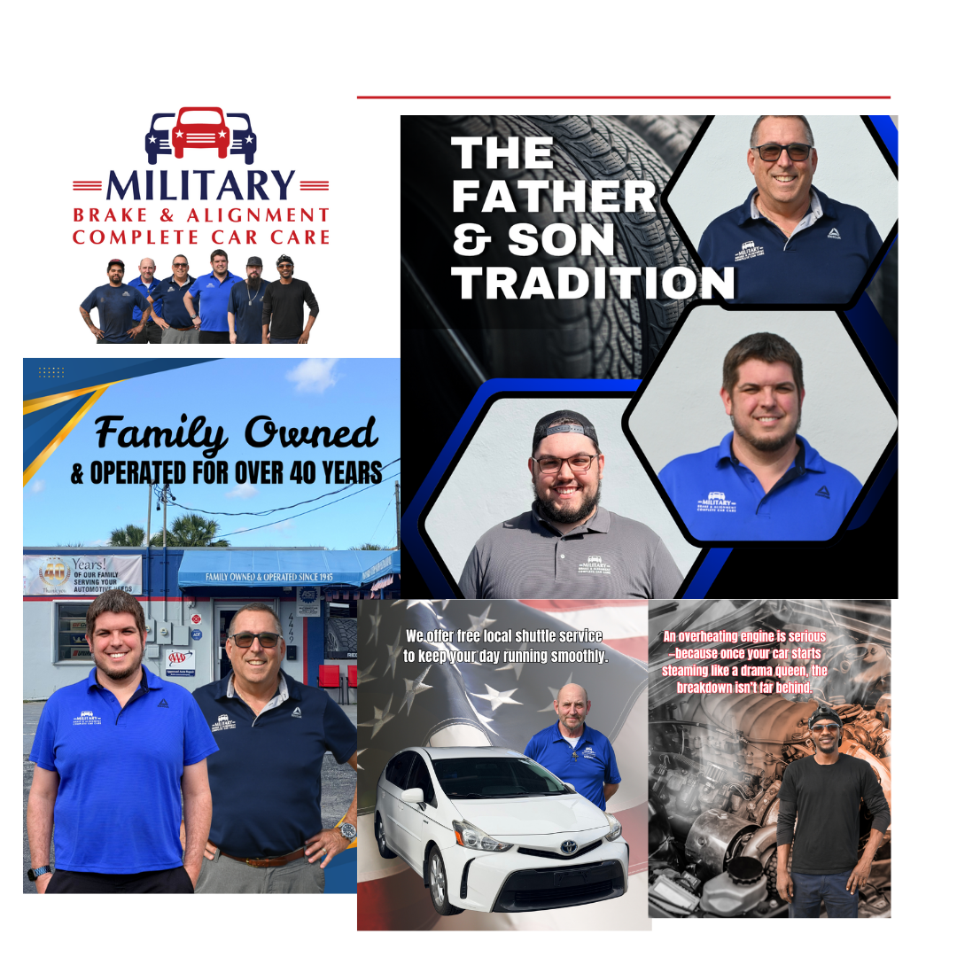 A collage promoting a family-owned car care business called Military Brake & Alignment. Shows team photos, a storefront, a white car, and a mechanic with quotes about the company's services and history.