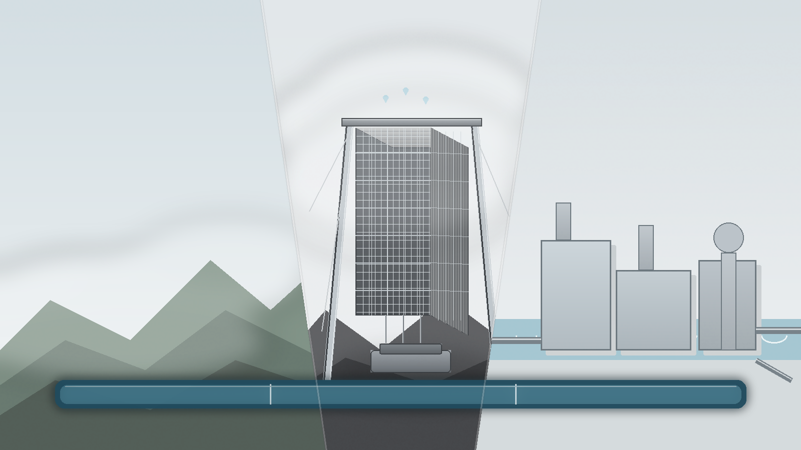 Ilustración digital de un edificio alto con ventanas de cristal, montañas en el fondo, y una barra de progreso azul en la parte inferior. También hay formas rectangulares y cilíndricas en el lado derecho, y líneas que parecen representar movimiento o viento en la parte superior.