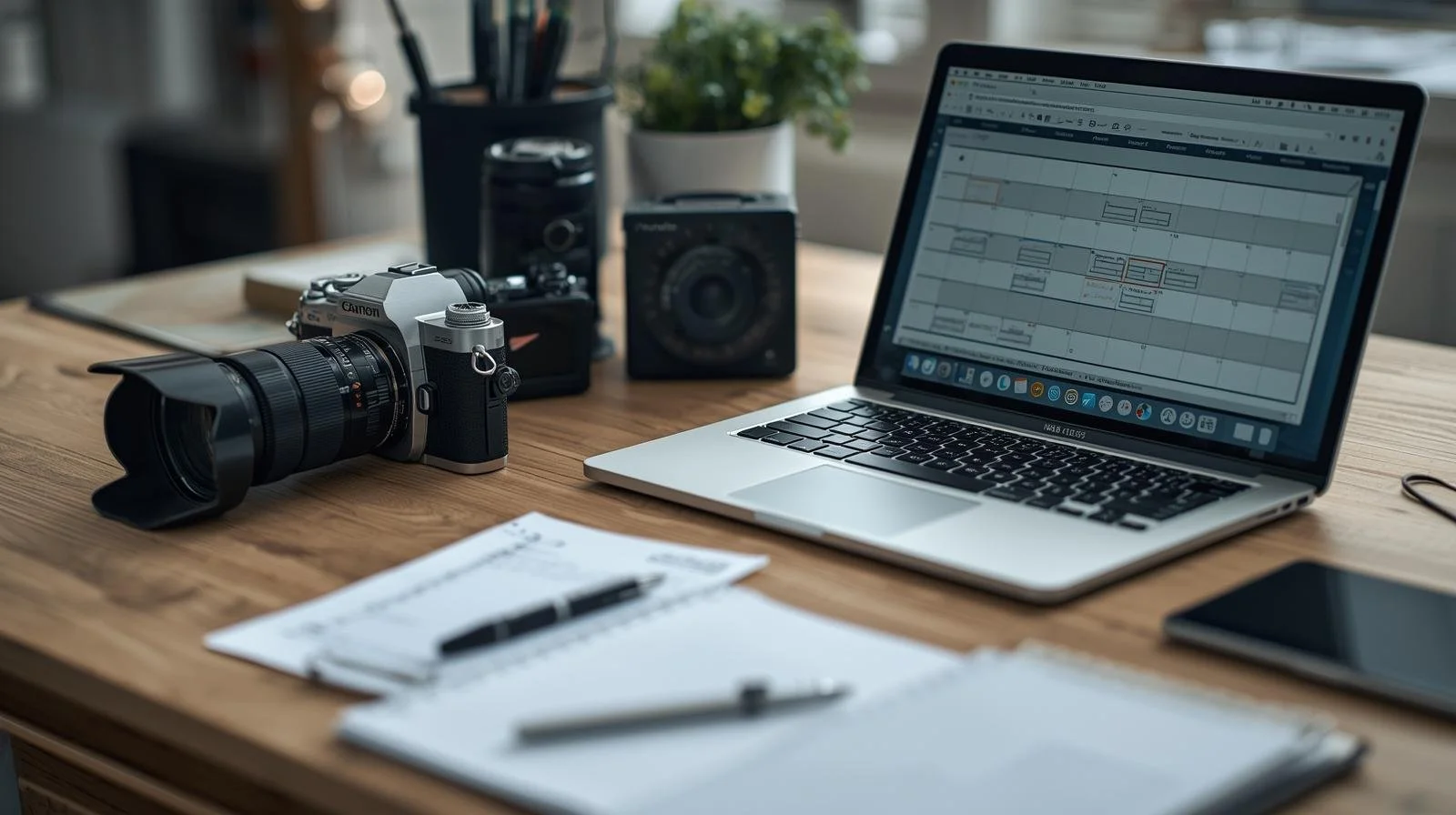 escritorio con cámara, laptop y agenda llena.jpg