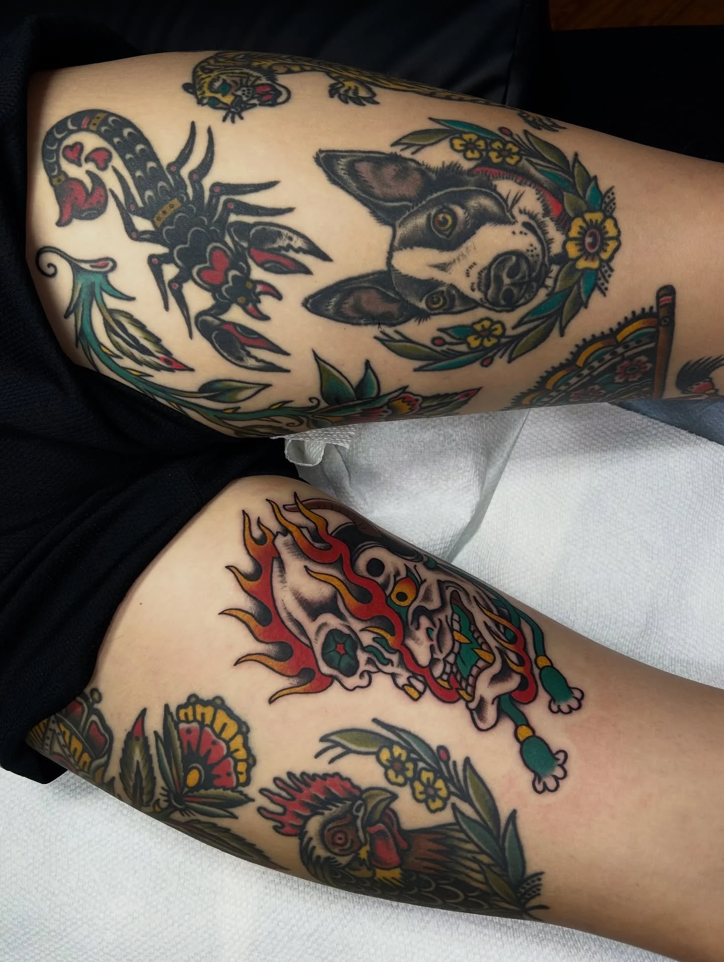 Progress on my favorite persons leg sleeves. We have officially progressed a bit past &ldquo;SHORTS&rdquo; 🤪 I love you @kbrun012 SWIPE TO SEE THE FRESH PIECE. All other seen are healed. @enso_tattoo