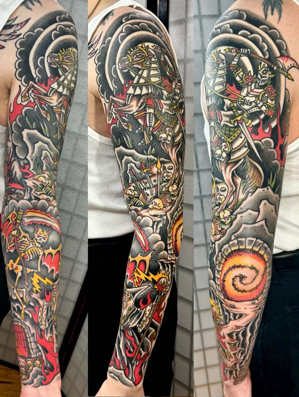 SWIPE FOR VIDS: Extremely honored and proud to do this sleeve for my good friend Justin @fantasyinitiative His trust to let me explore this style was amazing. It&rsquo;s so cool to have grown closer as friends through this process. Tattoo is fully he