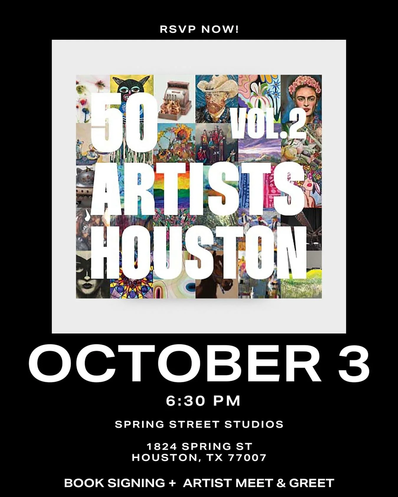 You&rsquo;re invited! ✨ Join us for the 50 Artists: Volume 2 Book Launch on Friday, October 3rd, 6:30&ndash;8:30 PM at Spring Street Studios.

Come celebrate with the artists, explore their incredible work, and get your book signed. Enjoy light appet