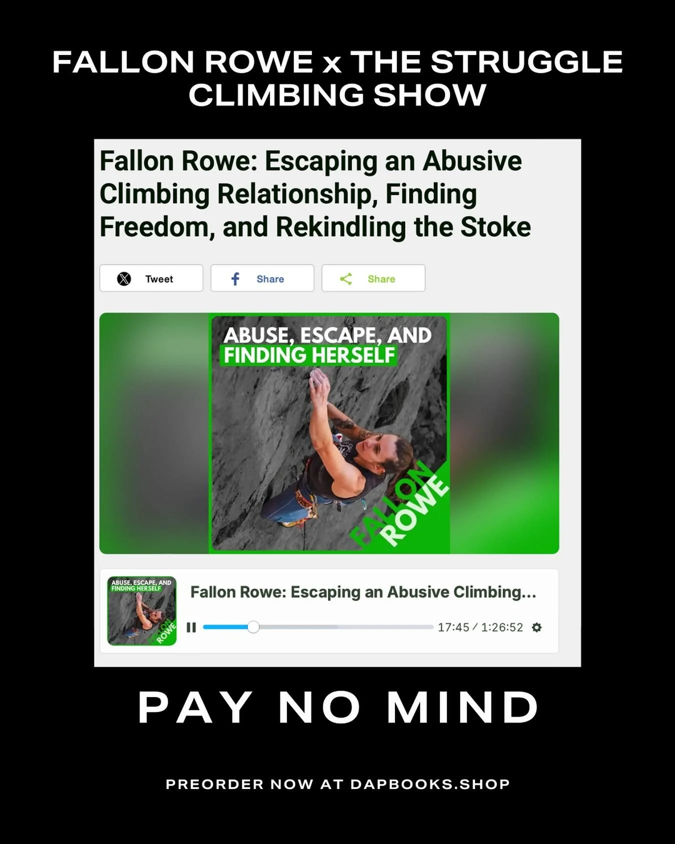 ✨ Big news! ✨
Our very own Fallon Rowe, author of the upcoming memoir Pay No Mind, just joined host Ryan Devlin on The Struggle Climbing Show 🎙️ where the world&rsquo;s top climbers share their challenges and breakthroughs in training, nutrition, ta