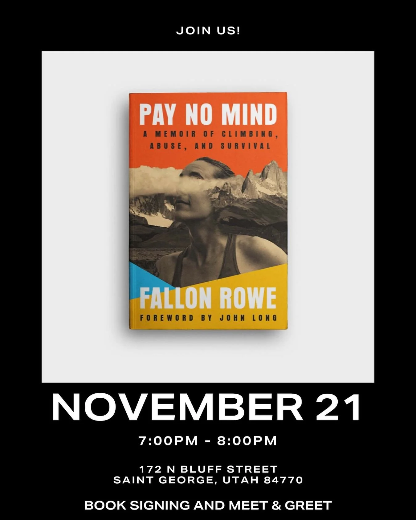 Fallon Rowe 🤝 The Desert Rat

Are you in the Saint George, Utah area or nearby on November 21st? Come to The Desert Rat for a Meet &amp; Greet and Book Signing with Fallon Rowe in celebration of her gripping memoir &ldquo;Pay No Mind&rdquo; launchin