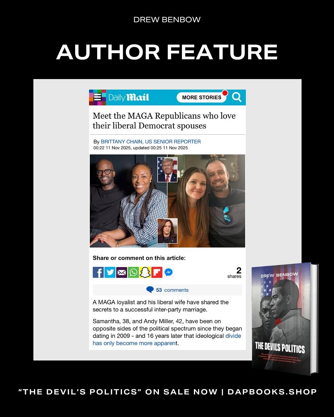 Big congratulations to our author Drew Benbow for being featured in both the New York Post and the Daily Mail! 📰 
Check out the links in our bio to read more!

His new book, The Devil&rsquo;s Politics, holds up a mirror to America&rsquo;s divide&mda