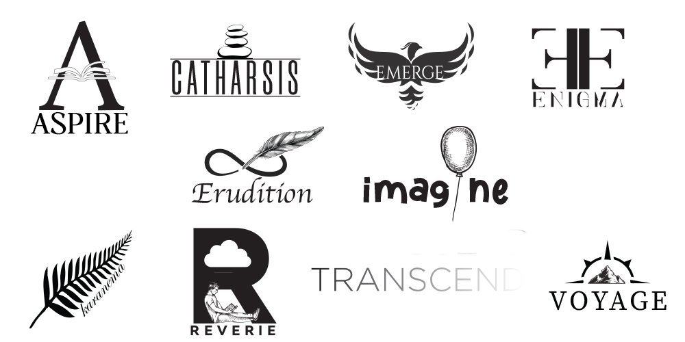Collection of eleven different logos with words and symbols, including 'Aspire' with a stylized 'A', 'Catharsis' with stacked stones, 'Emerge' with wings, 'Enigma' with geometric lines, 'Erudition' with a feather, 'Imagine' with a spoon, 'Transcend' written simply, 'Reverie' with a cloud and person, 'Voyage' with a mountain and sun, and decorative elements like leaves.